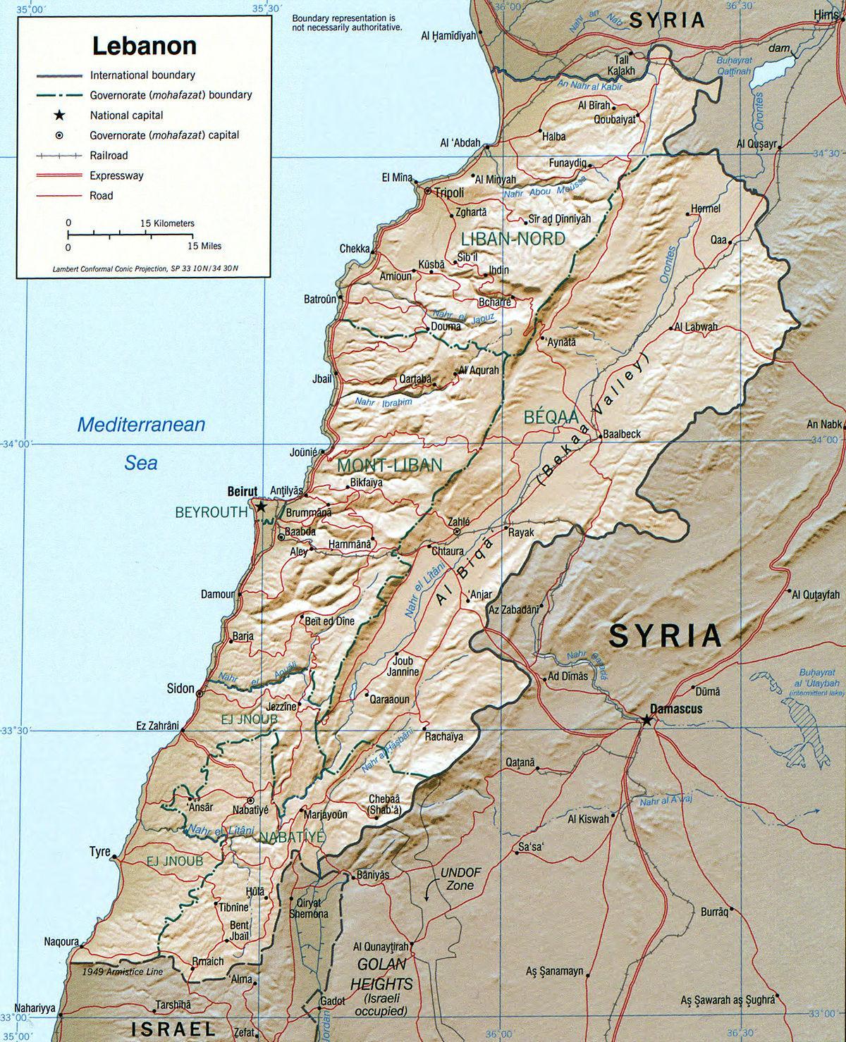 mapa Libanu geografii
