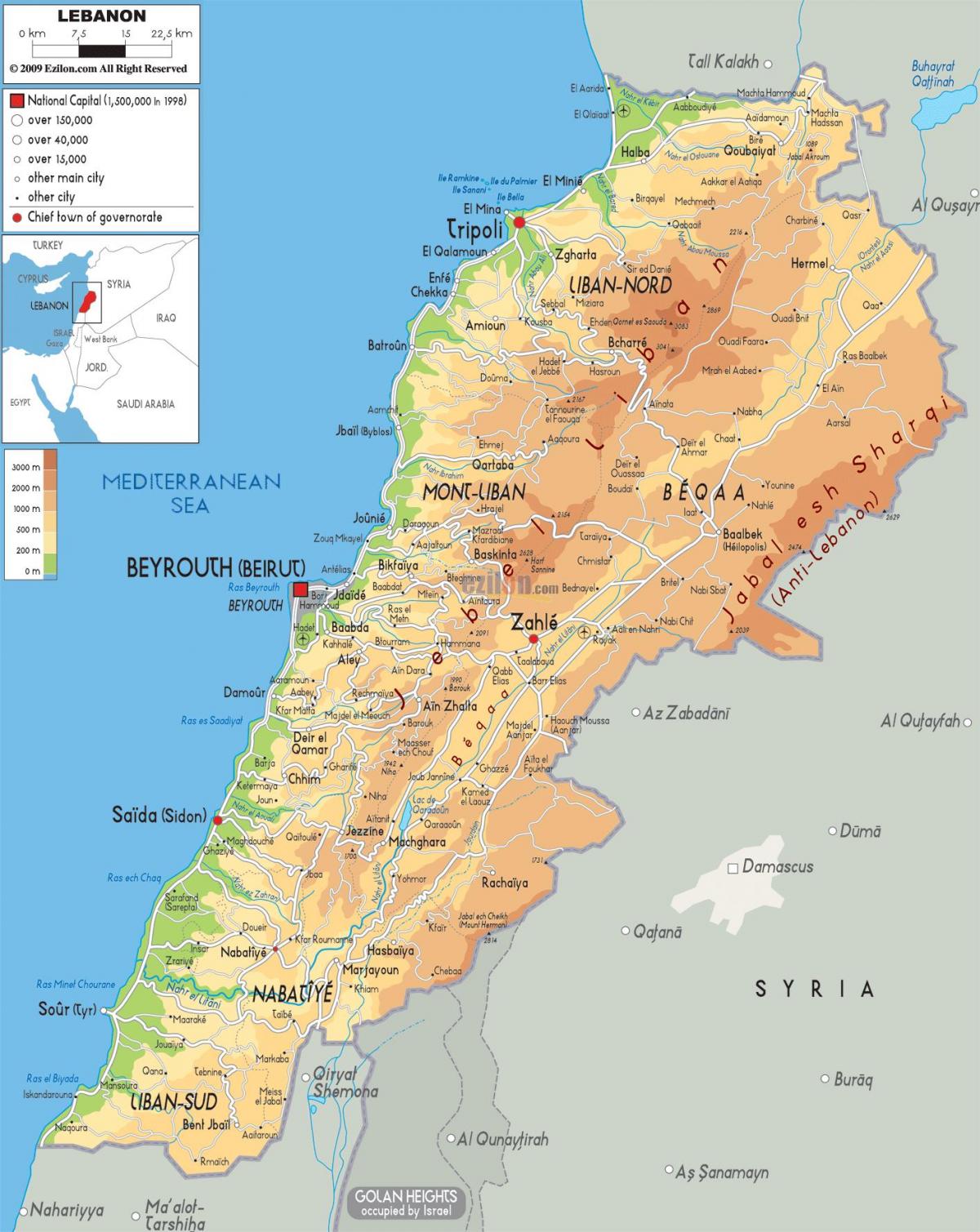 mapa Libanu fizycznej